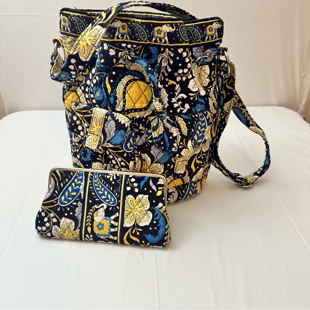 Vera Bradley Blue and Yellow Floral Drawstring Crossbody Bag W/ Matching Clutch